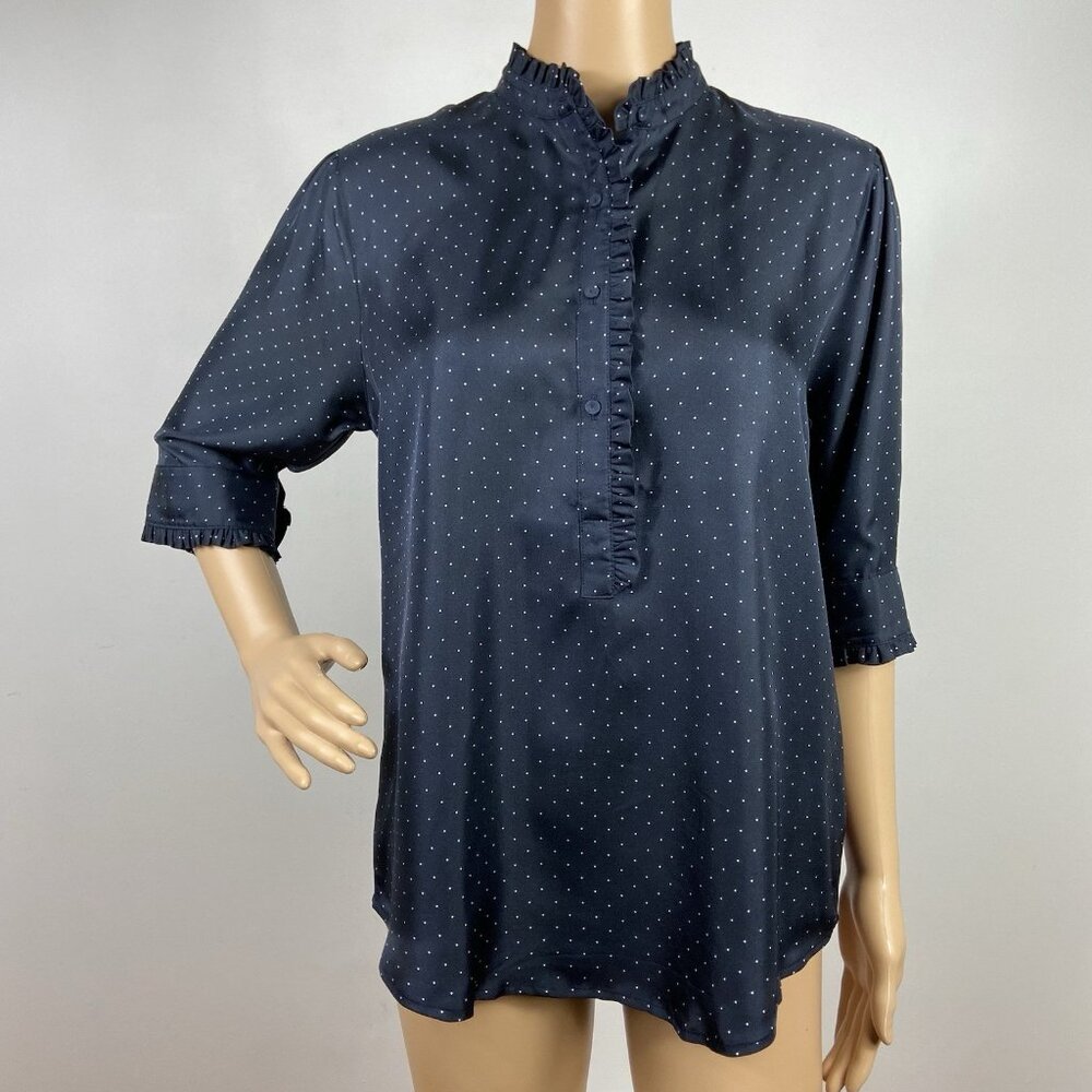 Ann Mashburn 100% Silk Half Button Blouse Sz M Navy Puff Sleeve Academia Twee
